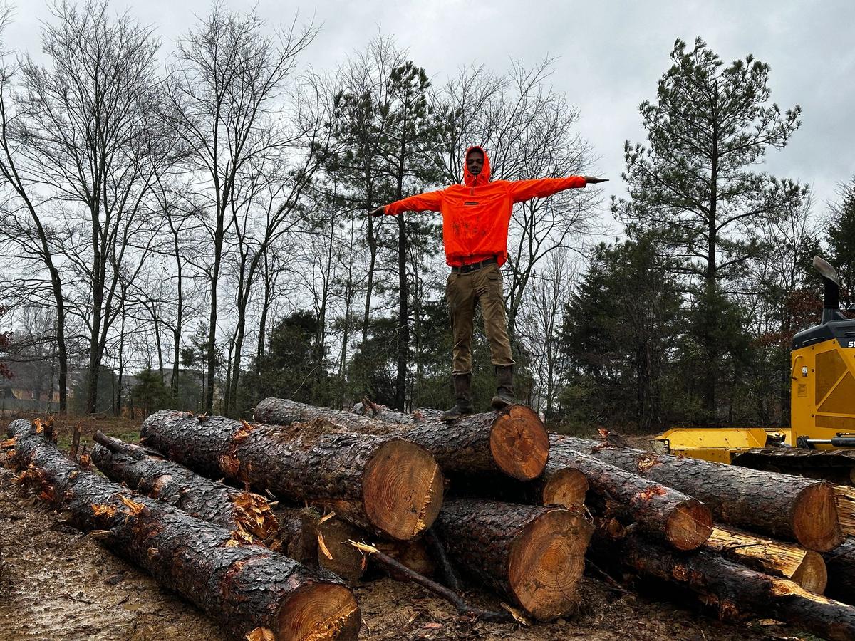 Man in an orange jacket stands with arms outstretched atop a pile of logs beside yellow forestry equipment.